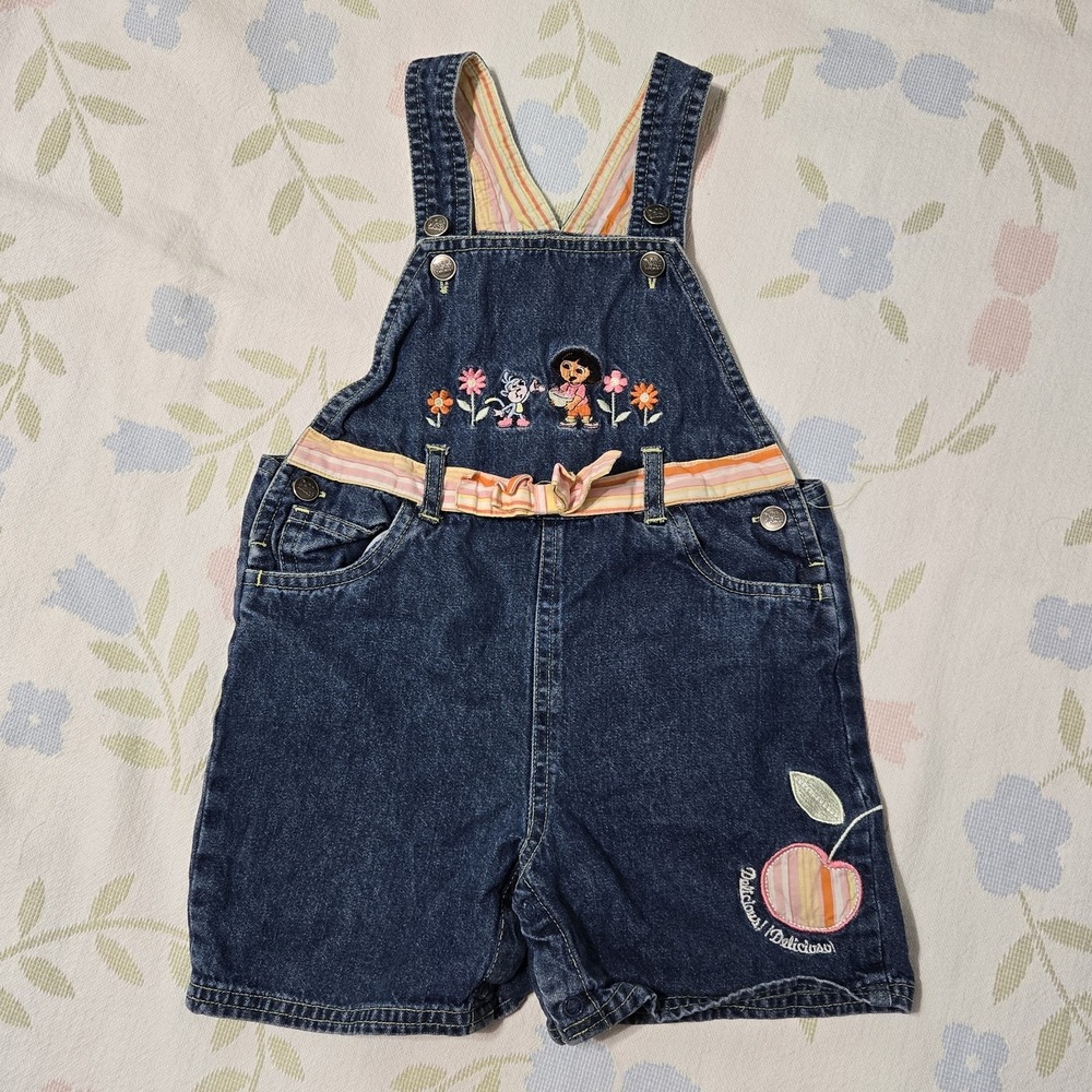 Y2K Dora The Explorer Nick Jr Embroidered Denim Overalls Shorts 24M